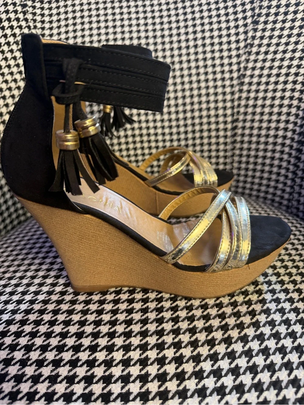 Black and Gold Wedge Sandals with Ankle Tassel